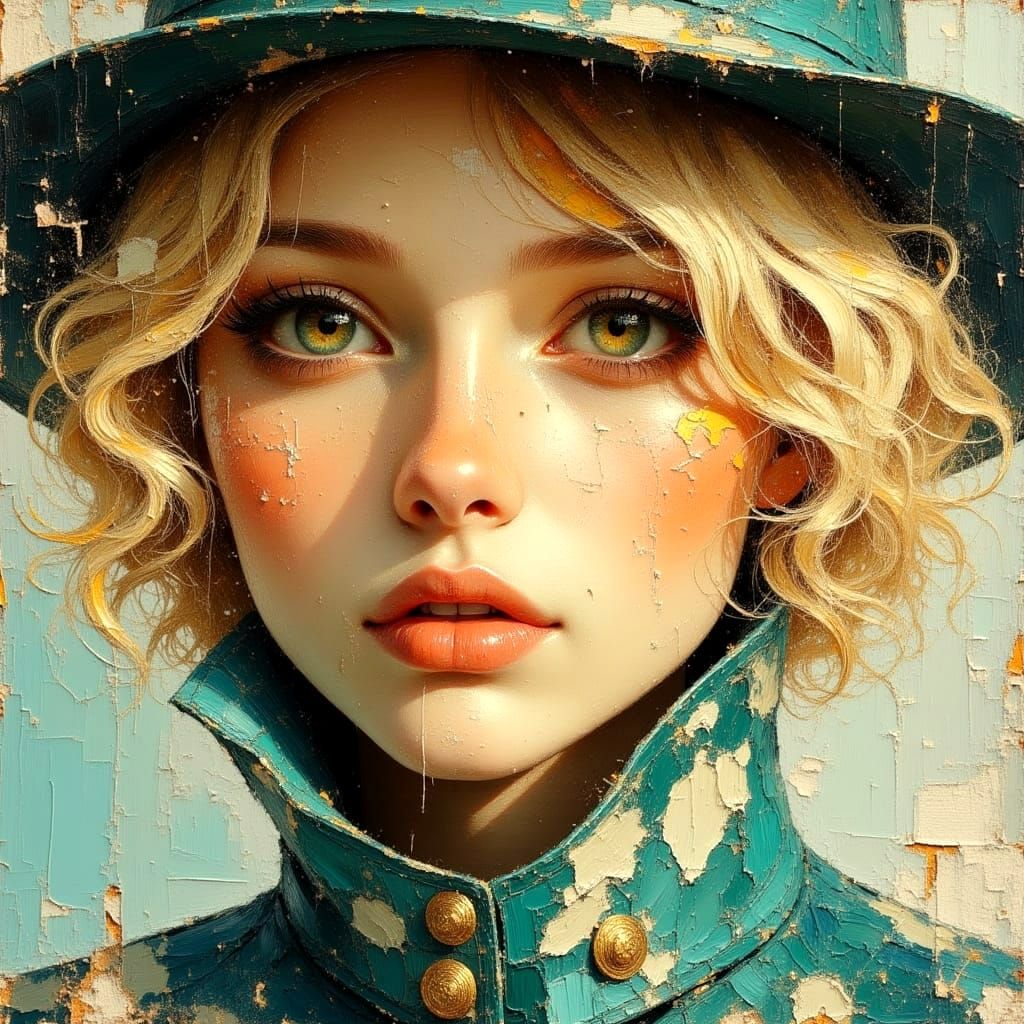 Photorealistic Portrait of a Woman with Fedora, Impasto Styl...