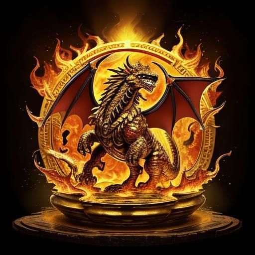 Dragon Emerges from Fiery Gold Pool in Temple