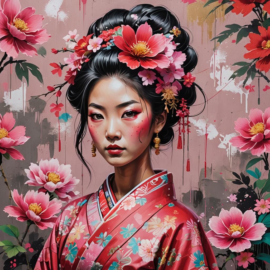 East Asian Woman in Kimono: Vibrant Street Art