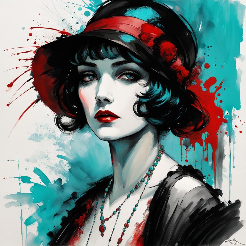 1920s French Woman Portrait in Ink Splash Art