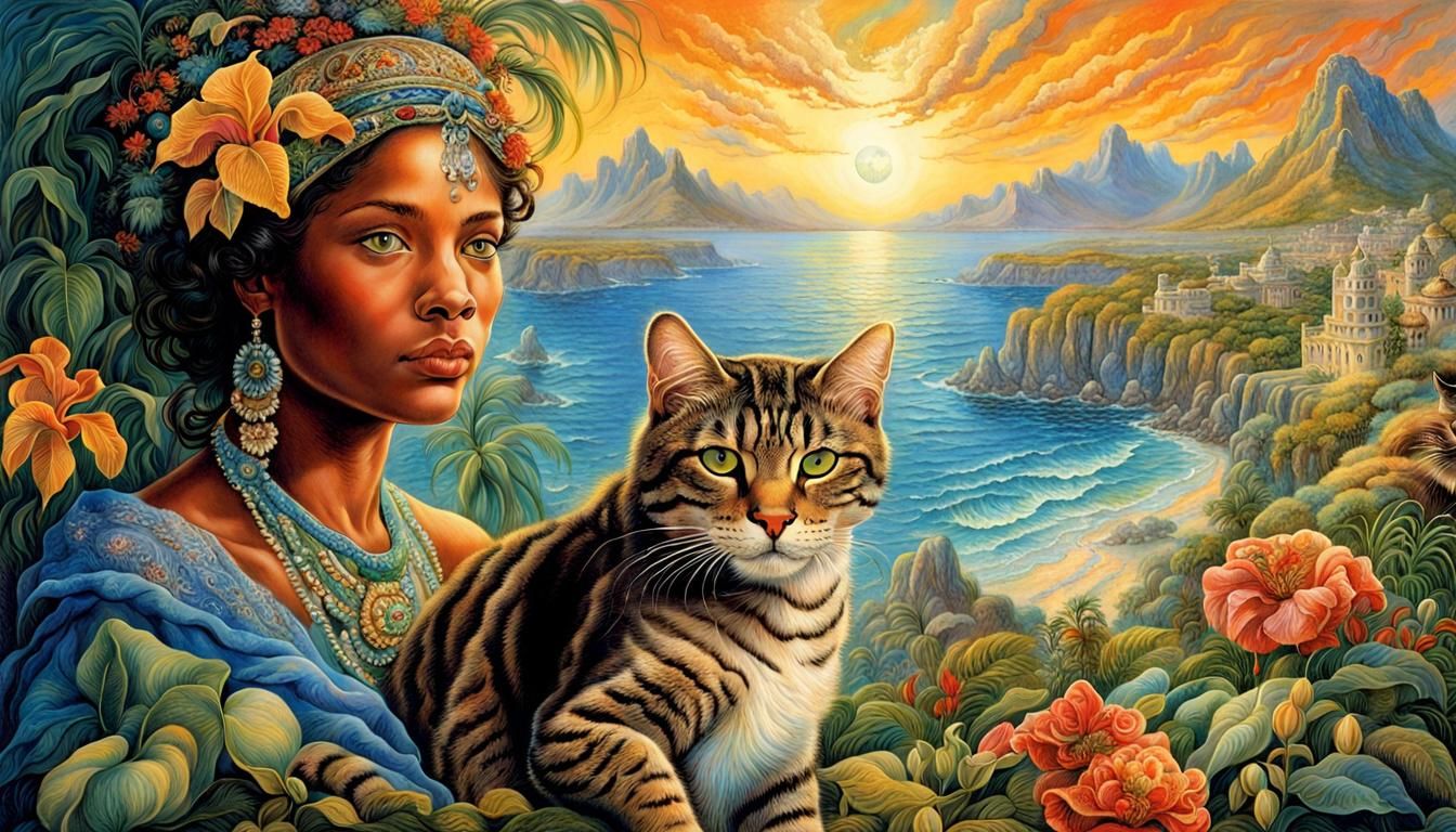 Caribbean Woman and Cat in Visionary Art Style
