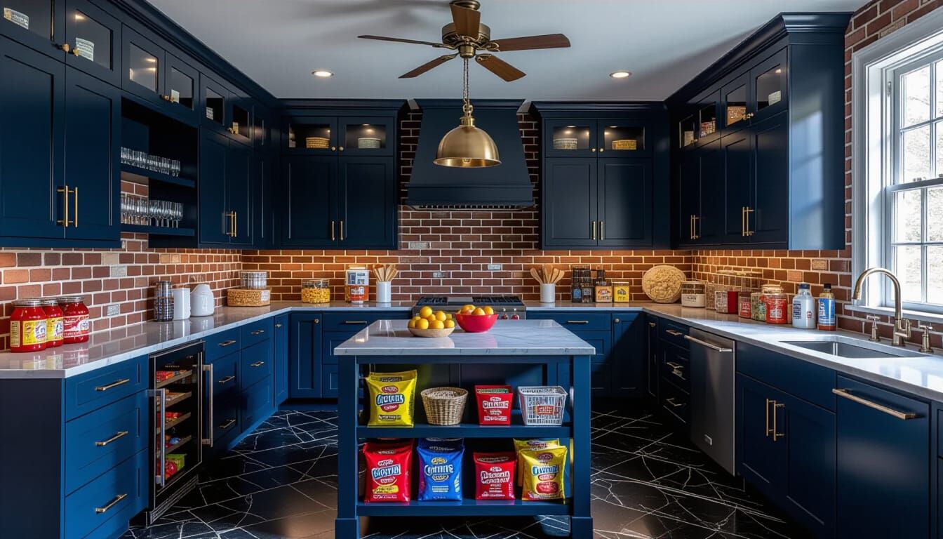 Victorian Storage Room with Dark Blue and Brick Accents