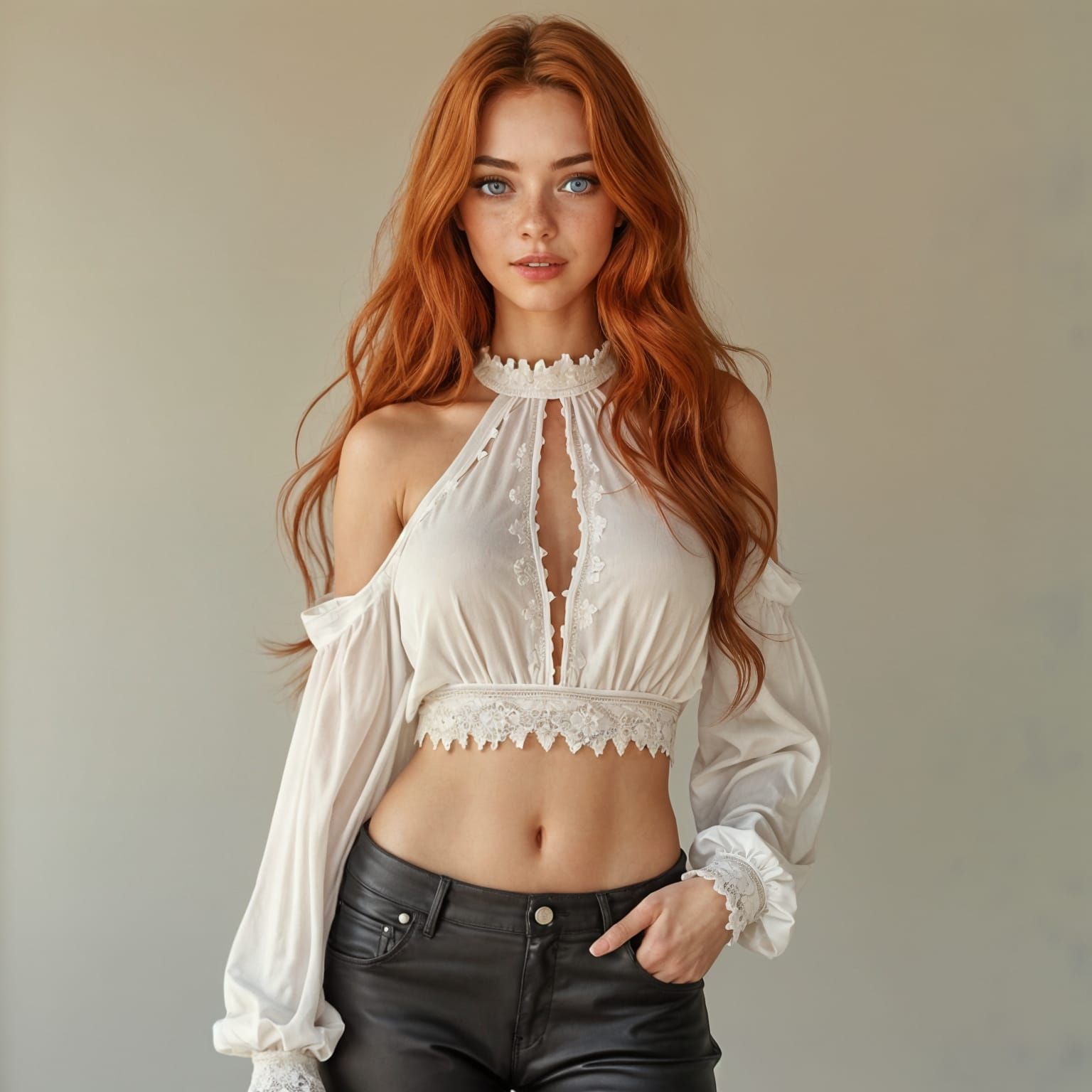 Confident Woman with Strawberry Hair and Freckles