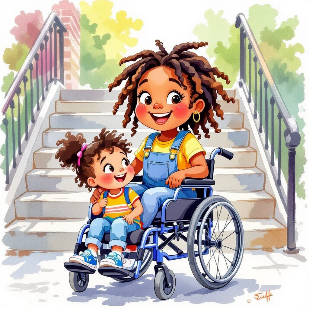 Joyful Girl Pushing Friend in Watercolor Style