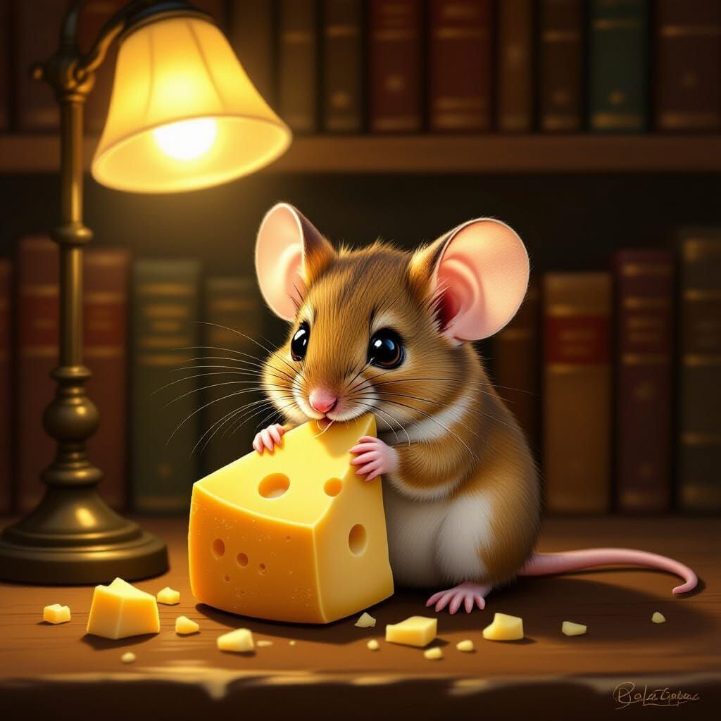 Cute Mouse Nibbling Cheese in Vintage Library