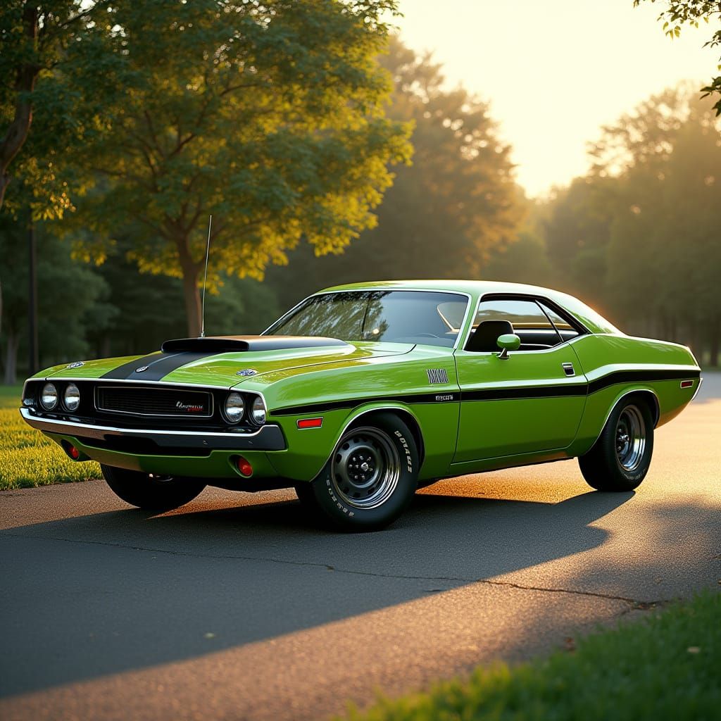 Vintage Dodge Challenger T/A in F8 Green, Surrounded by Lush...