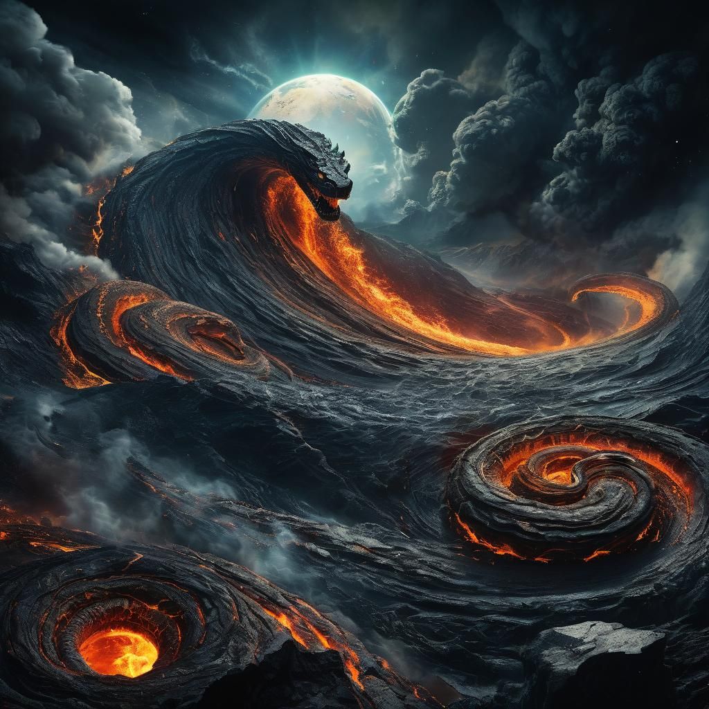 Titanic Serpent Jormungandr Rising from Boiling Seas