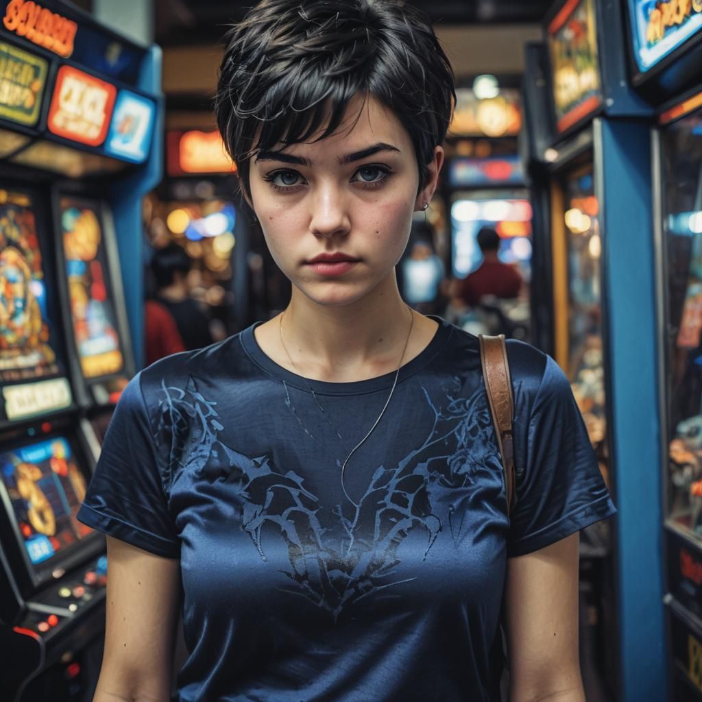 Hyperrealistic Girl with Pixie Cut in Arcade