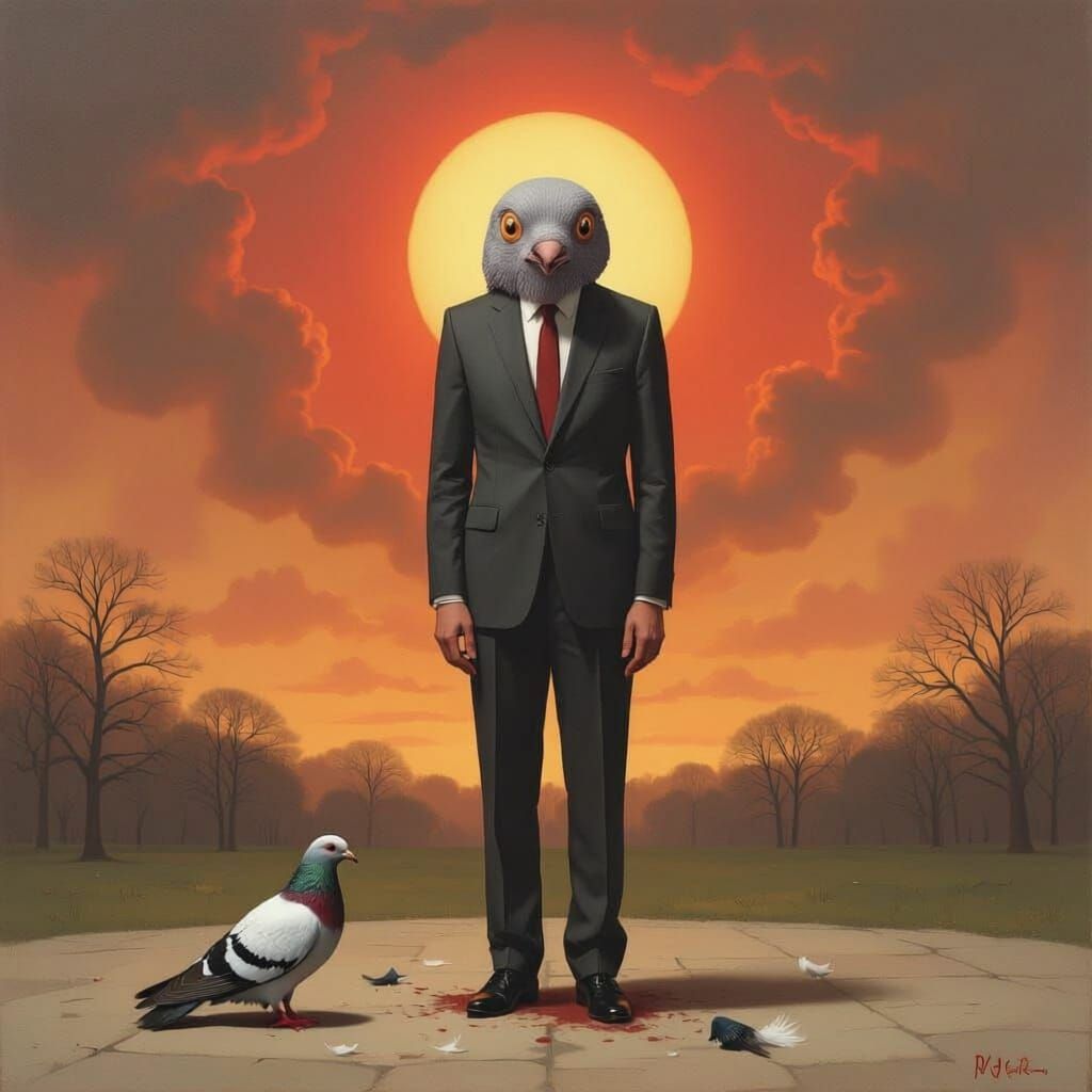 Sad Business Man with Plucked Pigeon Head in Surreal Oil Pai...