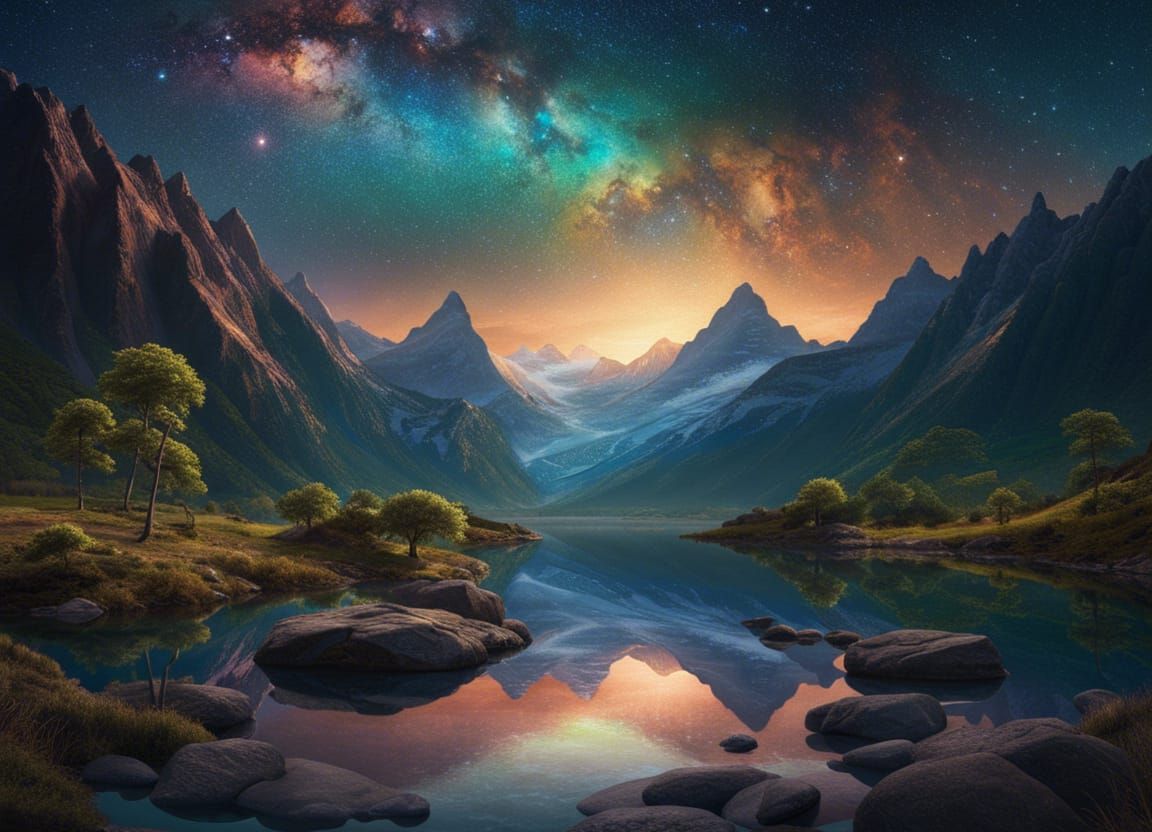 Mountain Paradise with Starry Sky and Reflections