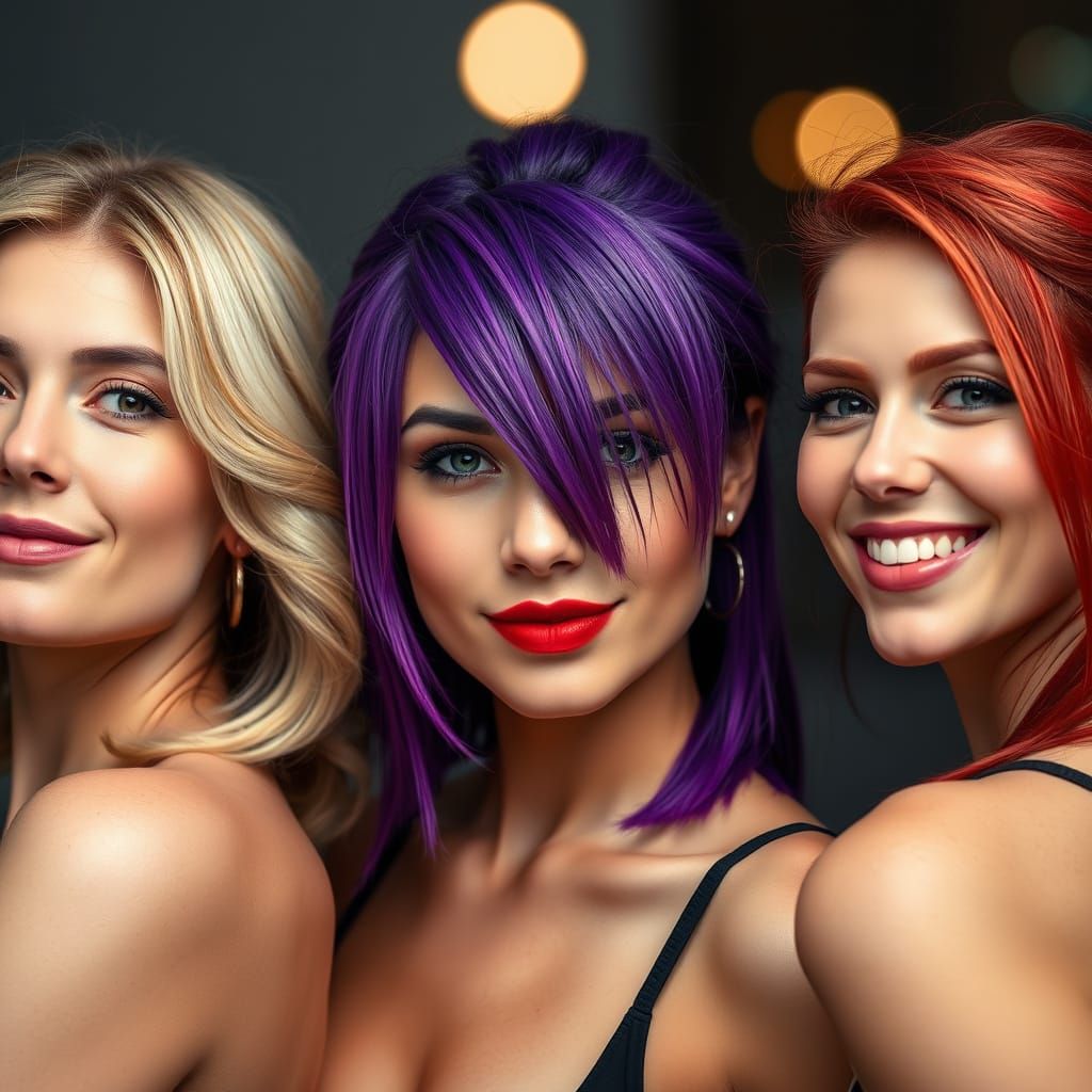 Three Confident Women with Unique Hairstyles Pose for Close-...