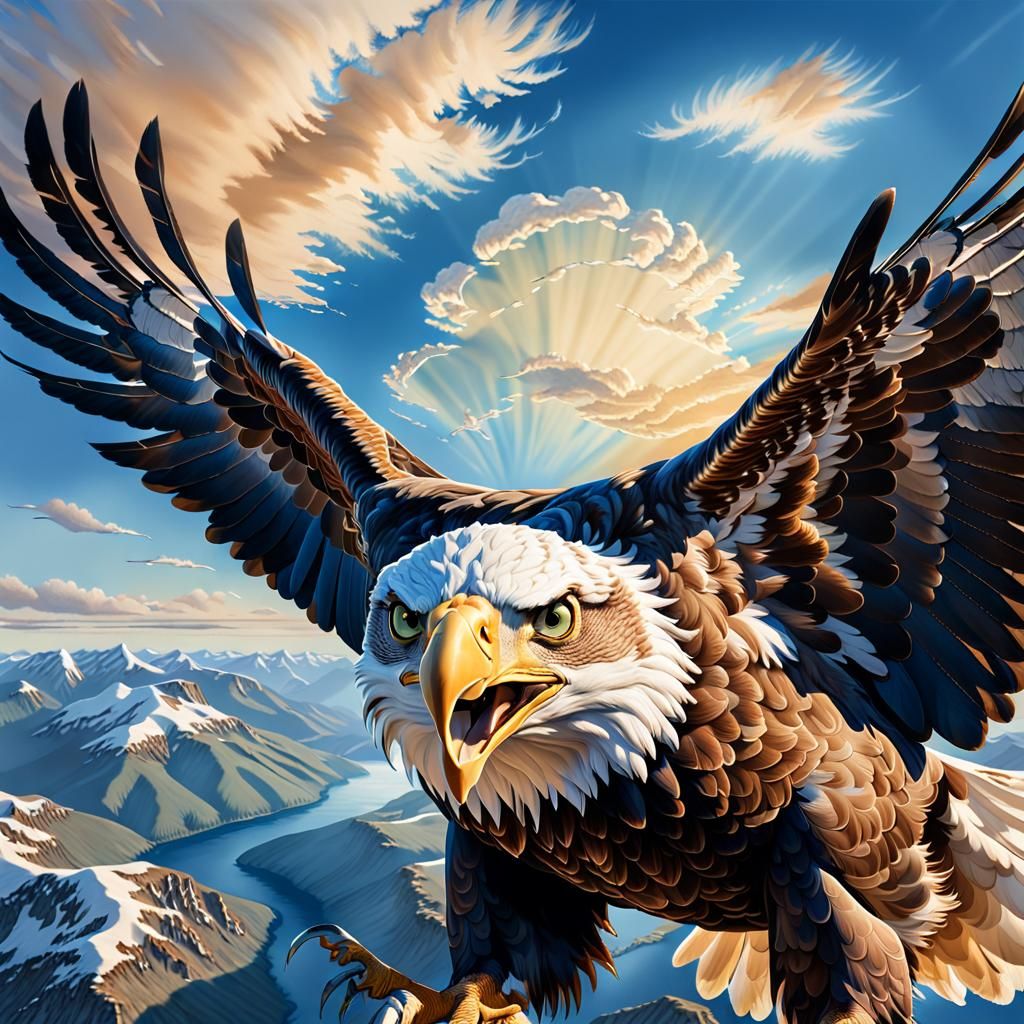 Majestic Eagle Soaring Over Topographic Landscape