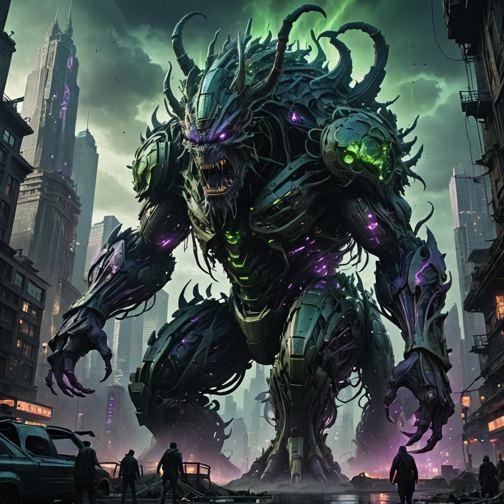 Colossal Creature Ravages Metropolis in Dark Fantasy Art
