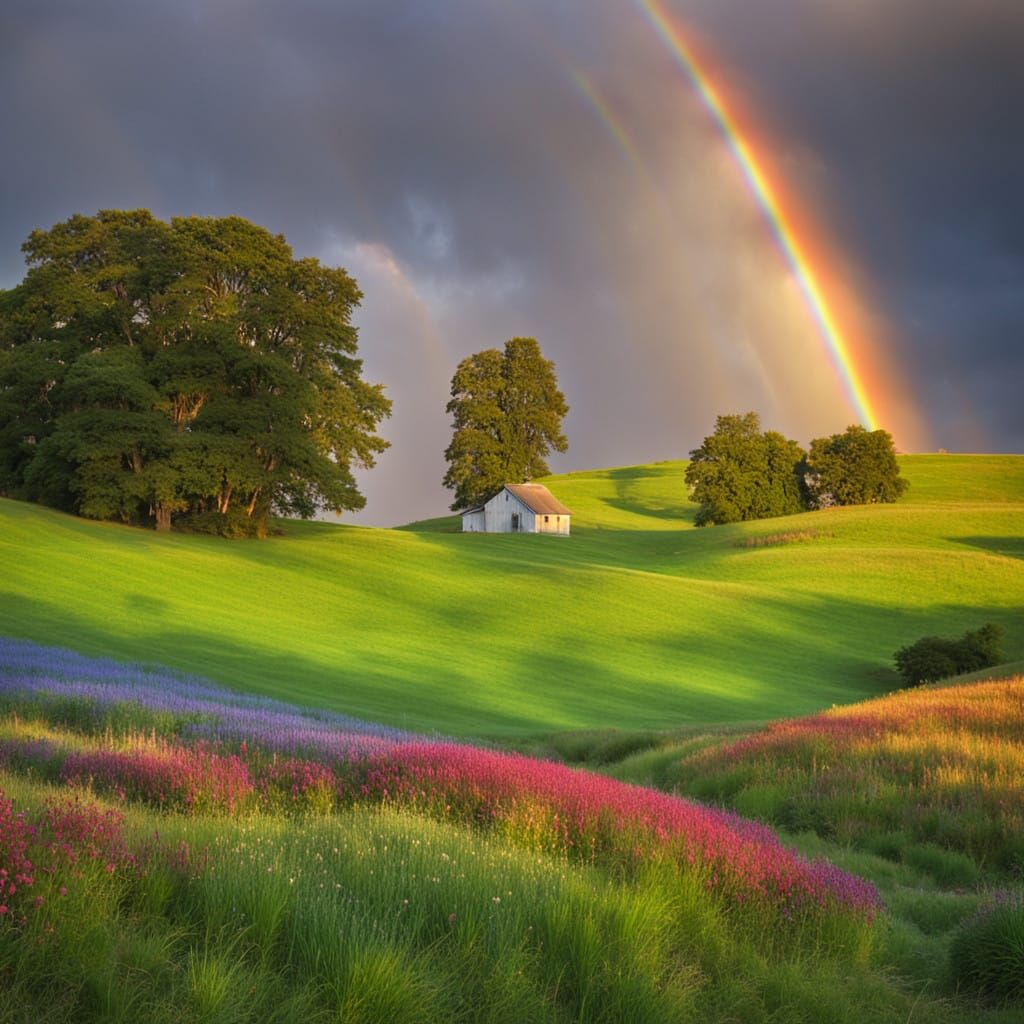 Vibrant Green Fields Under a Majestic Rainbow