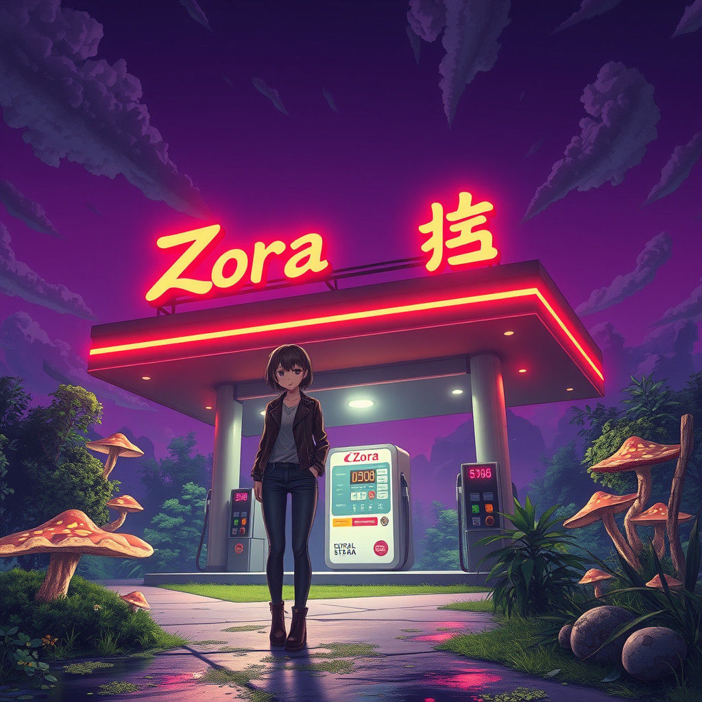 Anime Girl at Cyberpunk Gas Station in Matte Painting Style