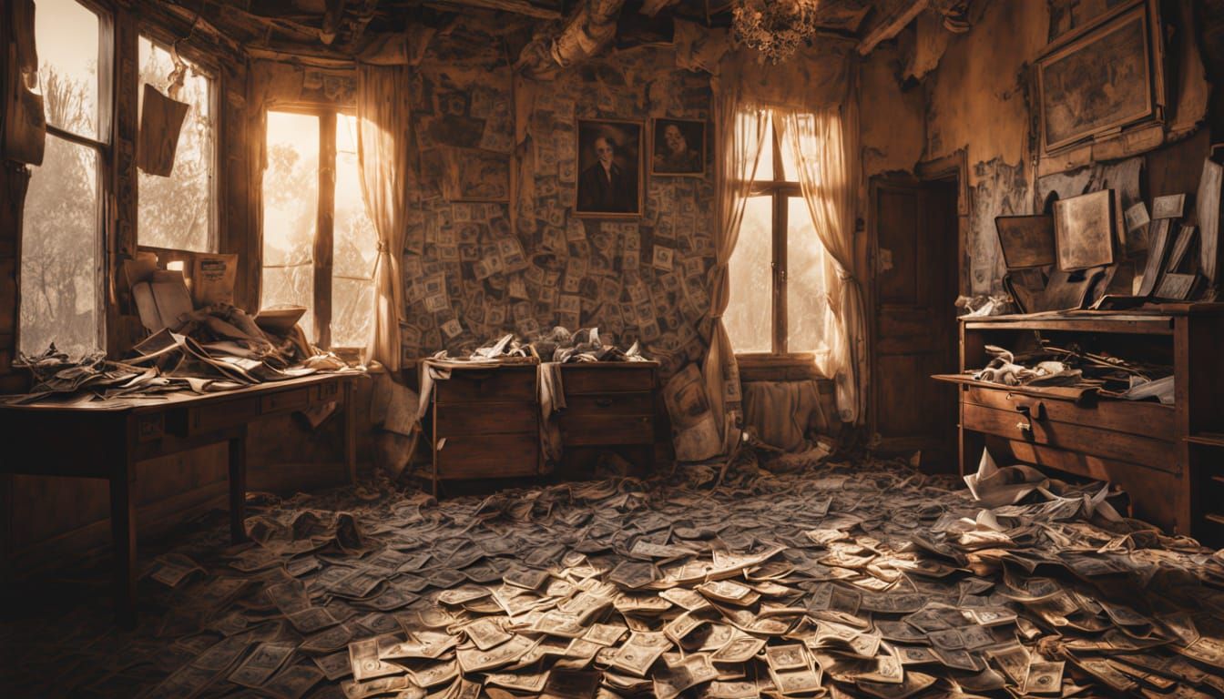 Hyperrealistic Room Filled with Old Bank Notes