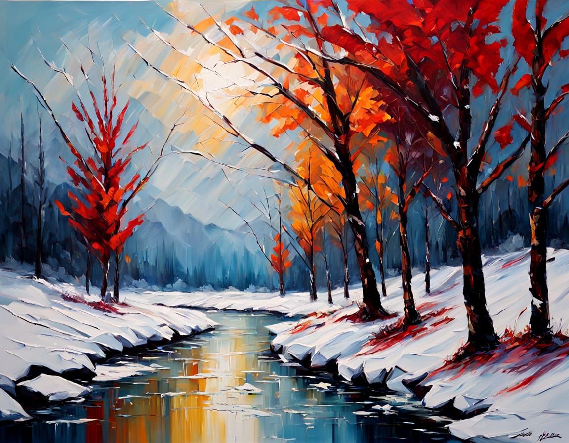 Impasto Oil Painting of Dramatic Winter Landscape with Crims...