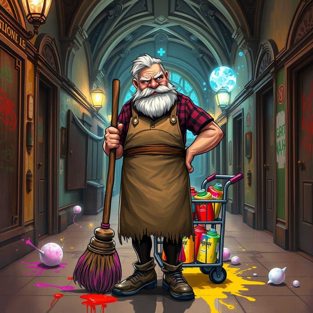 Whimsical Janitor Amidst Magical School Hallways