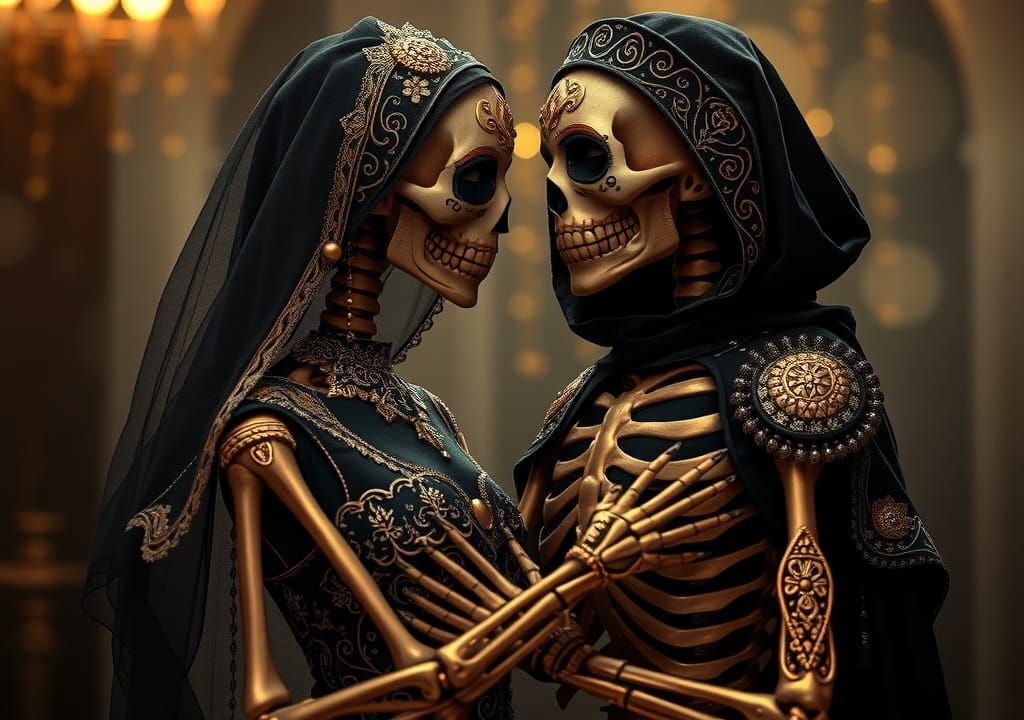 Romantic Skeletons Embrace in Ethereal Setting