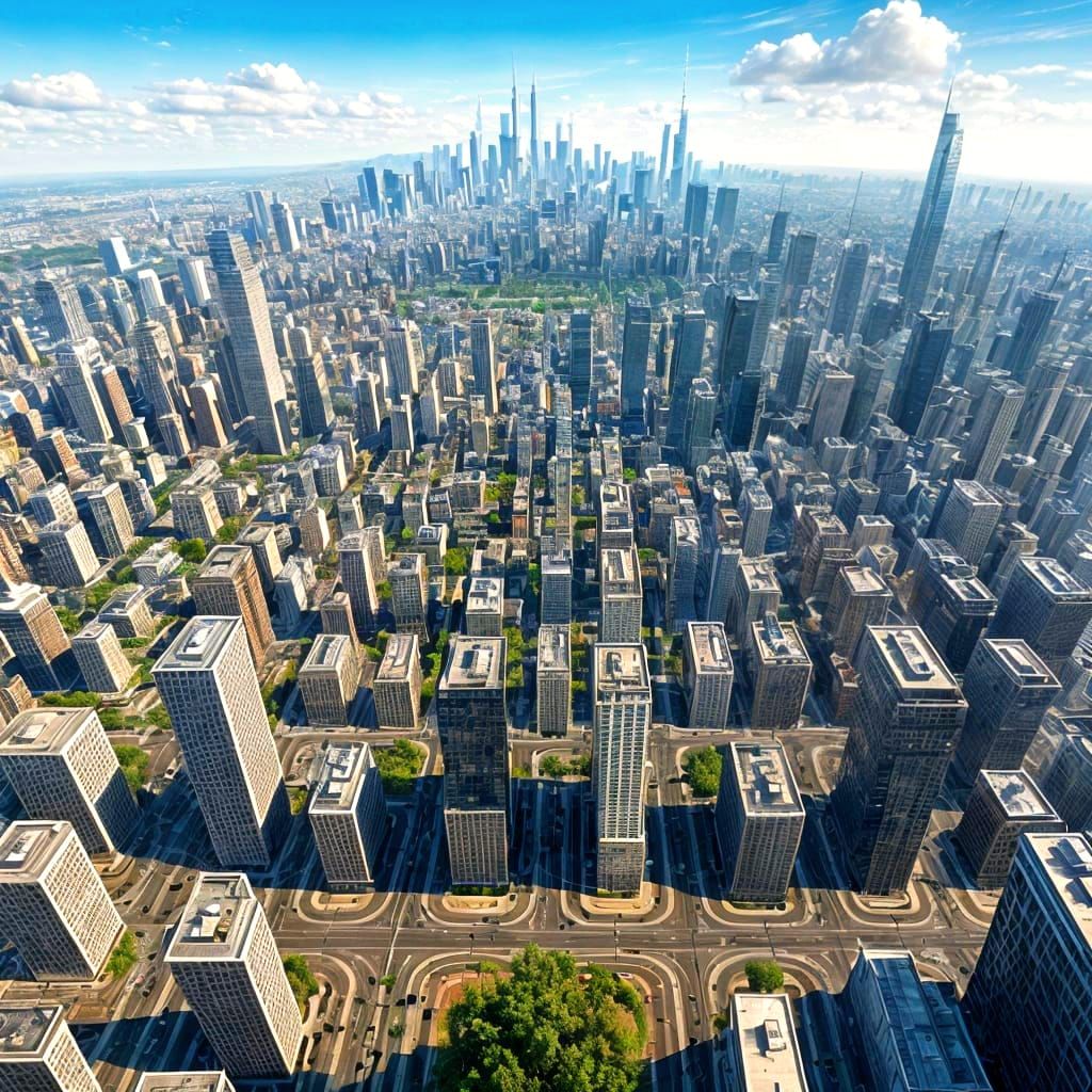 Surreal Cityscape with Geometric Architecture and Clouds