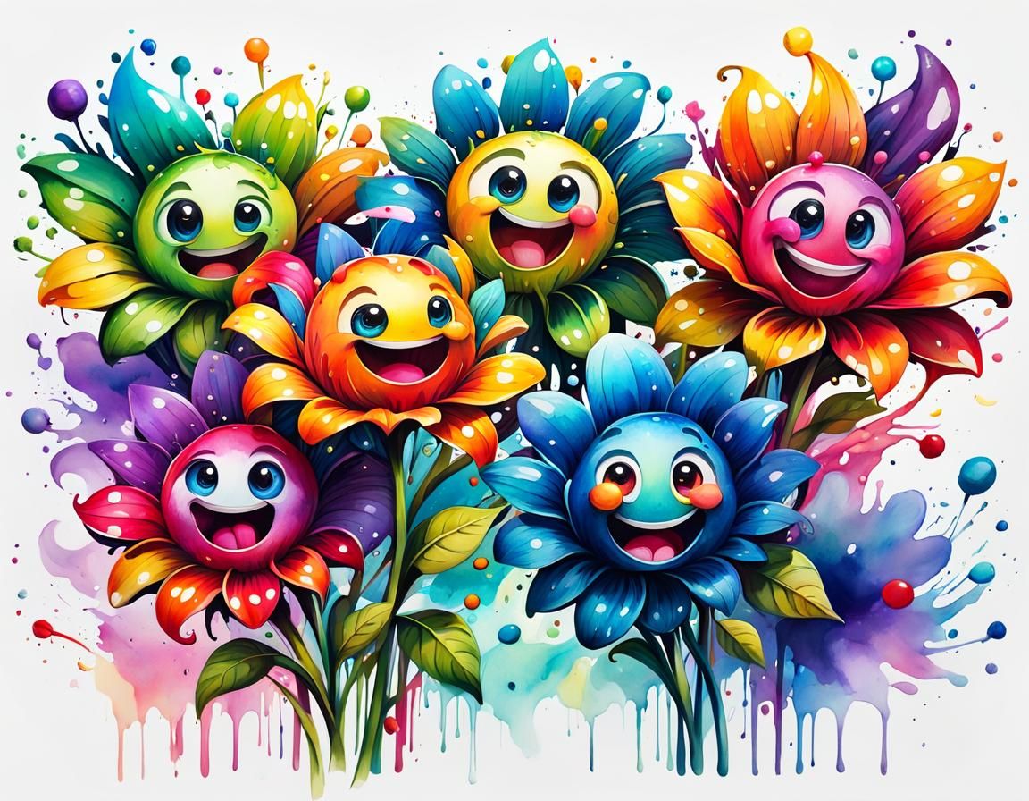 Colorful Chibi Flowers Dancing in the Wind