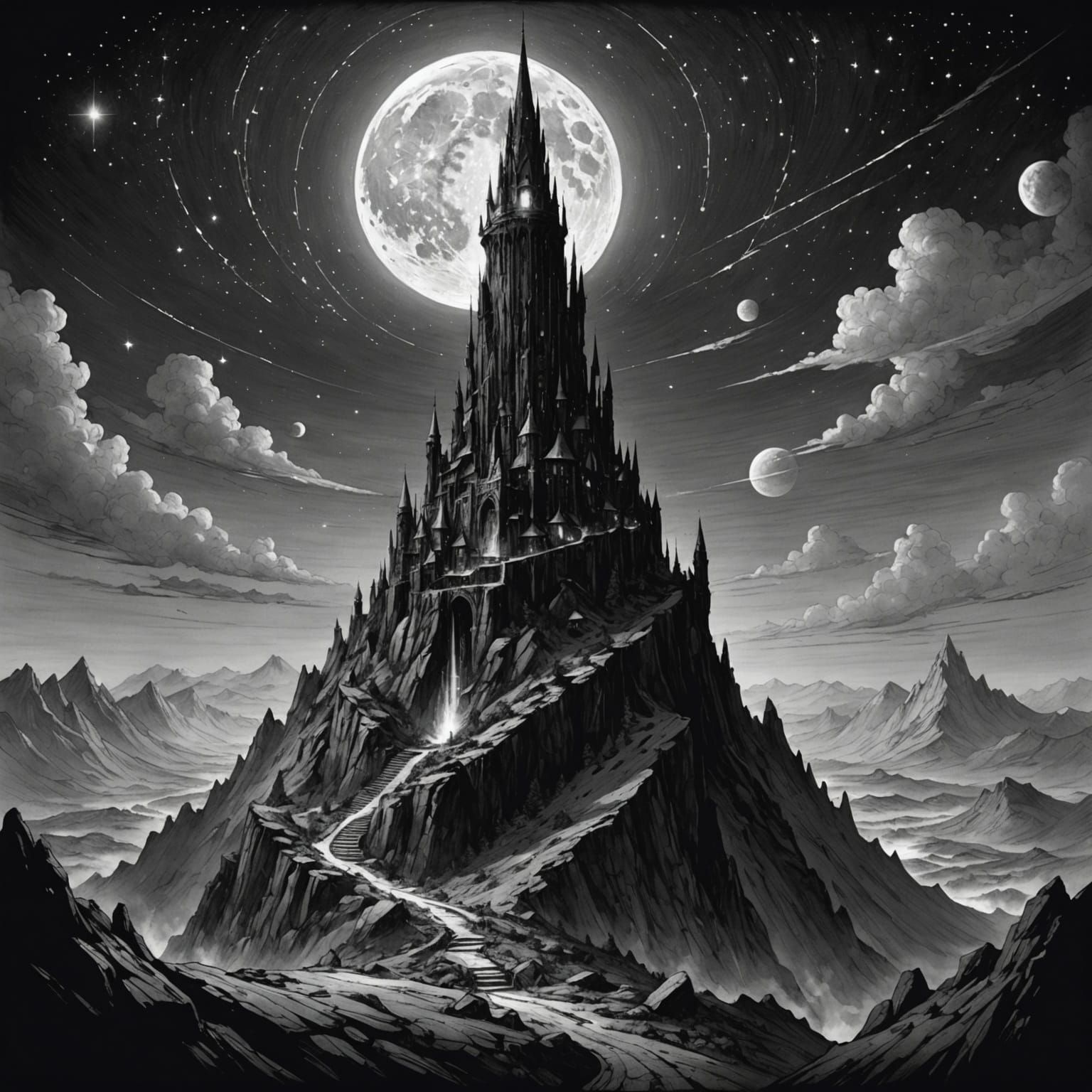 Wizard's Spire Under Starry Desert Night, Ink Drawing