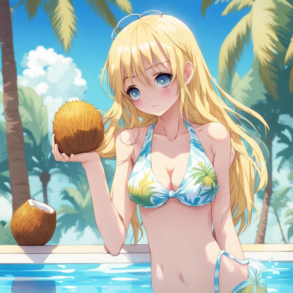 Girl Sipping Coconut in Tropical Pool, Anime Style
