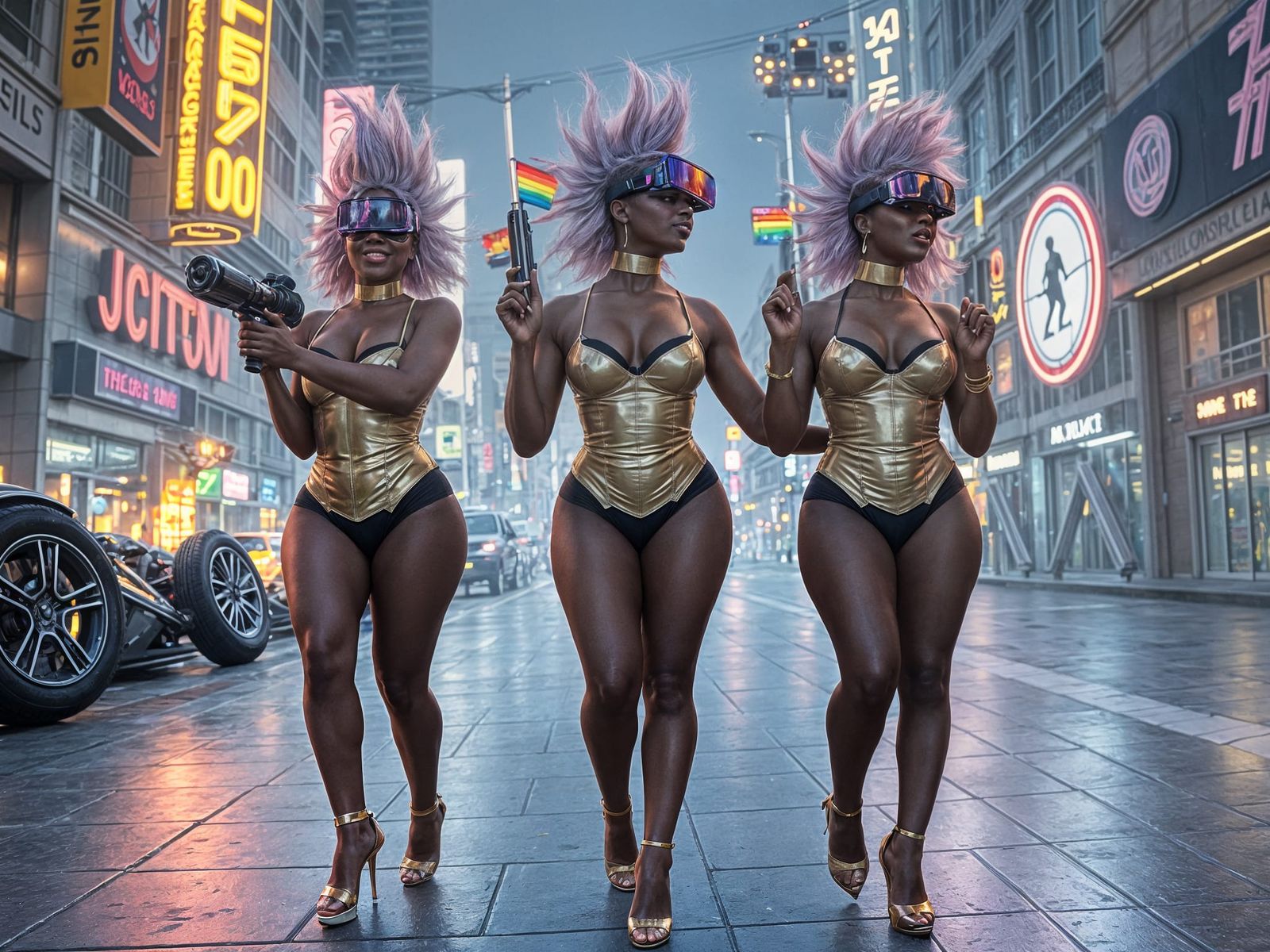 Cyberpunk Transgender Trio in Neon City Battle