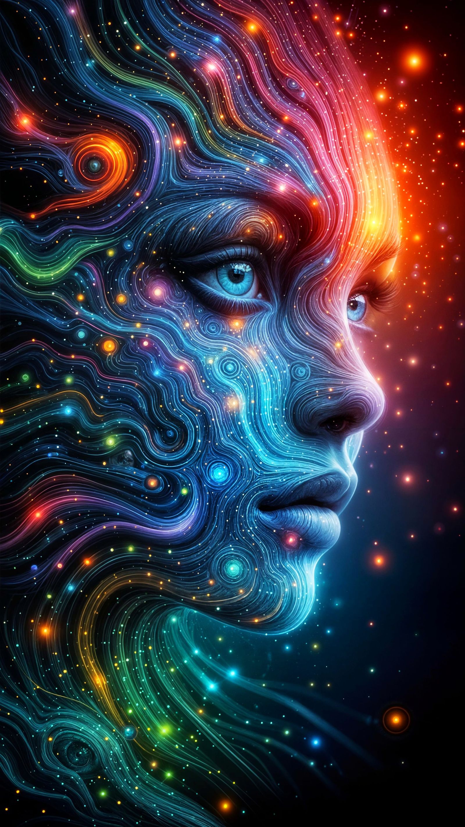 Cyberpunk Goddess Among Neon Fireflies