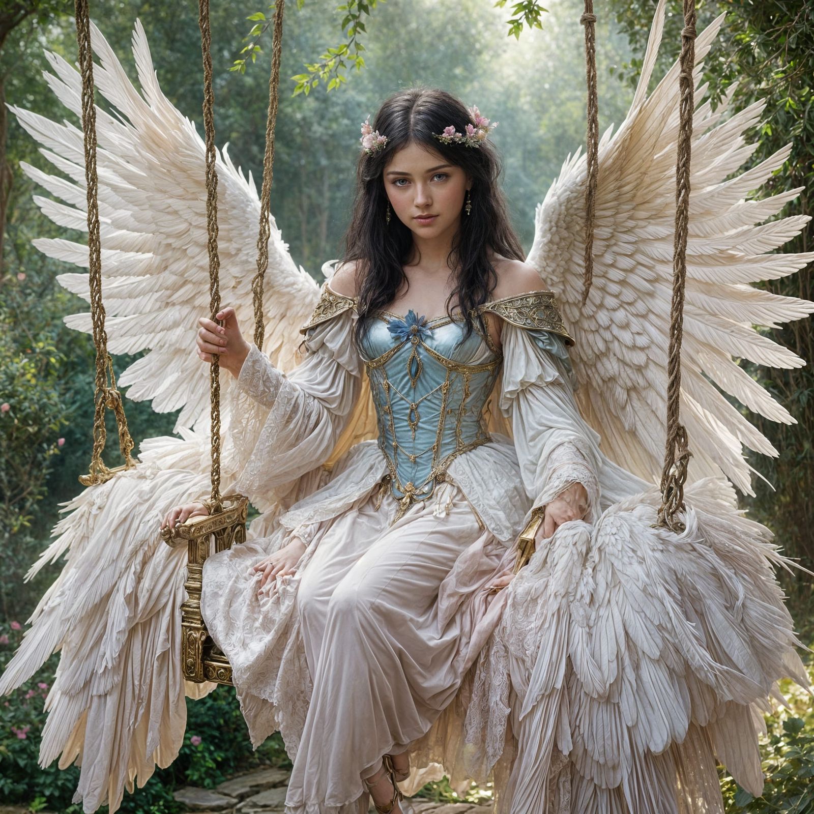 Black Haired Angel on Golden Swing in Pastel Shades