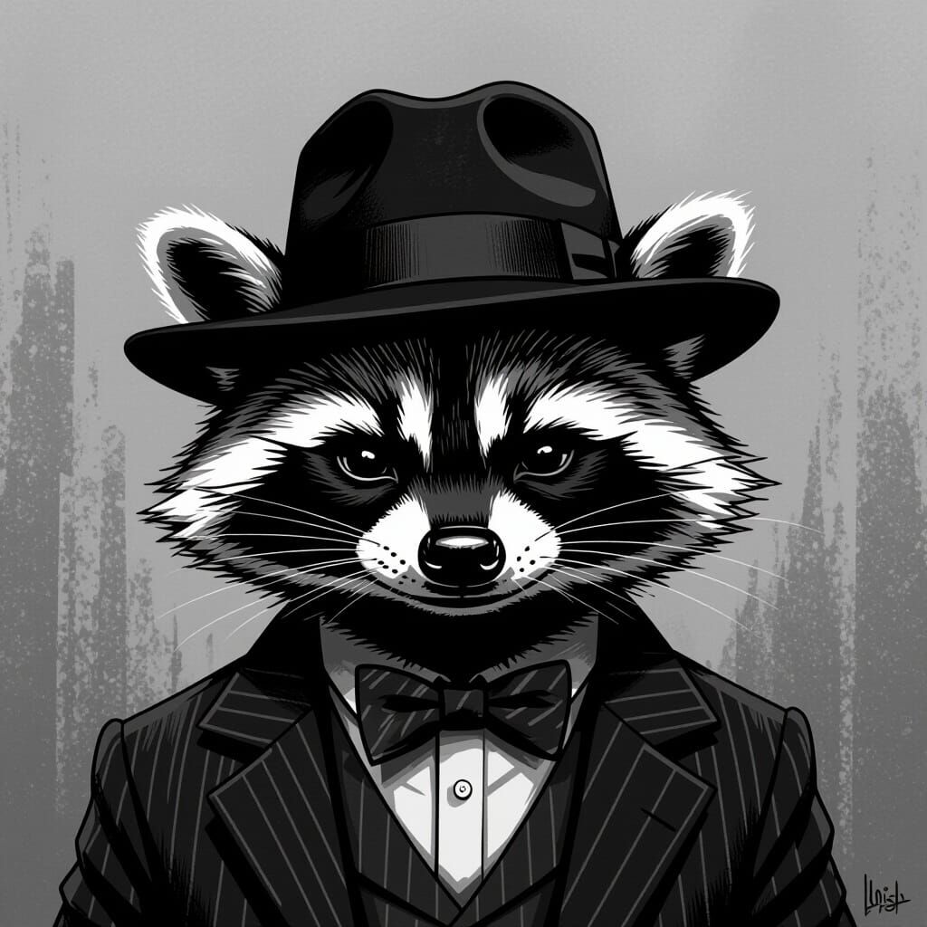 Noir Raccoon in Fedora and Bow Tie