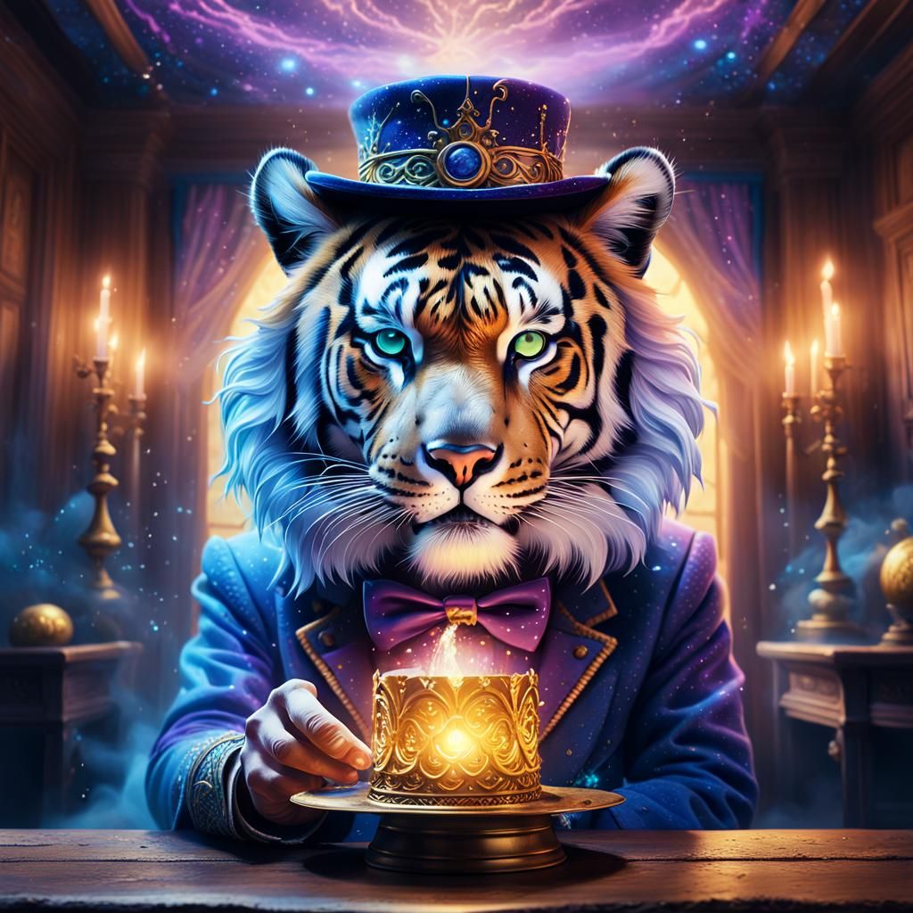 Magician Creates Tiger in Mystical Room, Fantasy Art