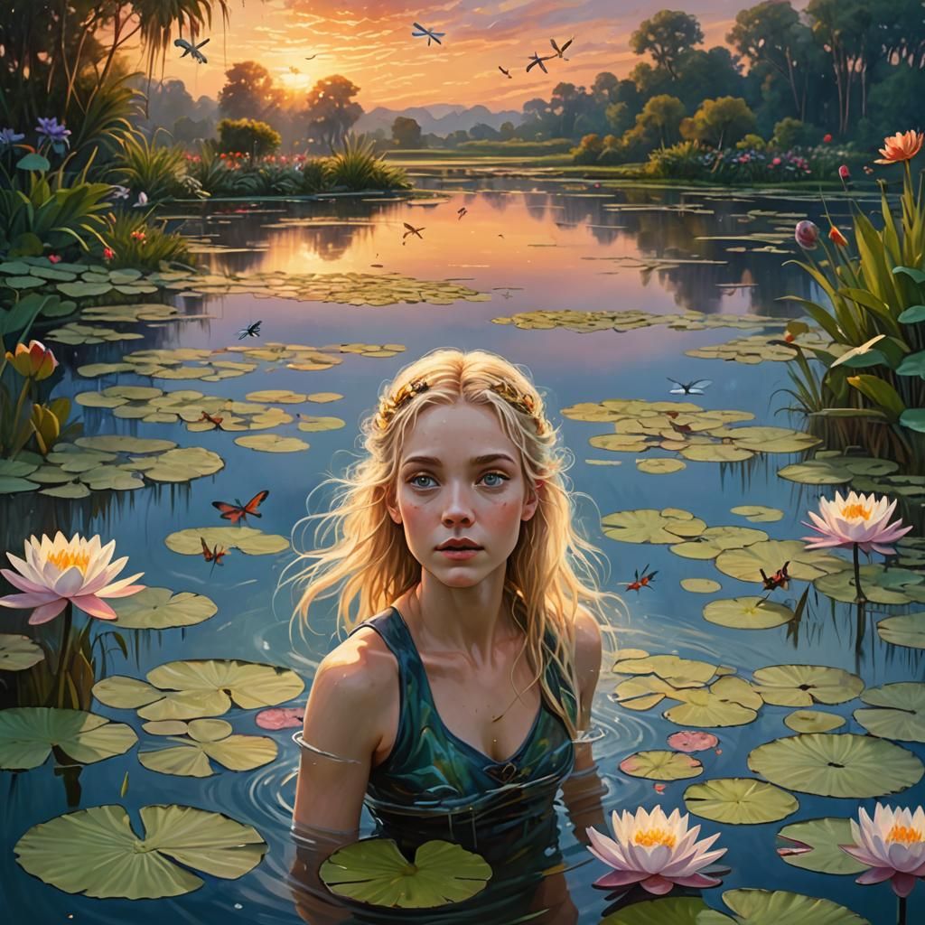 Woman Swimming in Pond at Sunset: Fantasy Concept Art