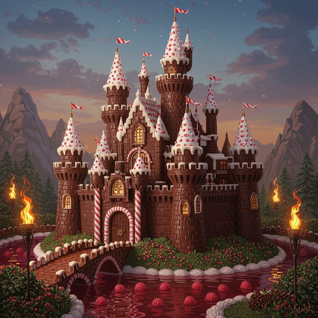 A majestic castle constructed entirely from intricately carved dark chocolate, with white chocolate battlements and pepp...