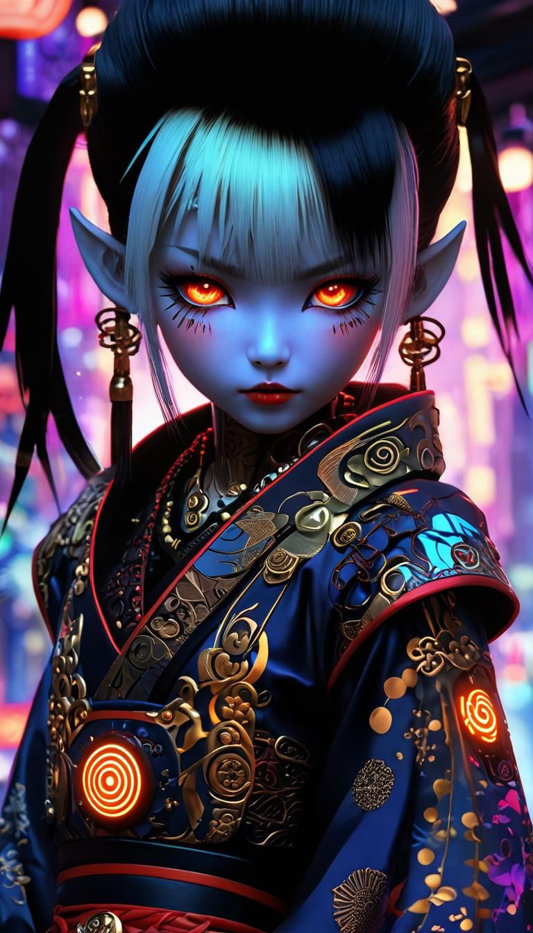 Gothic Cyborg Geisha in Vibrant Anime Style