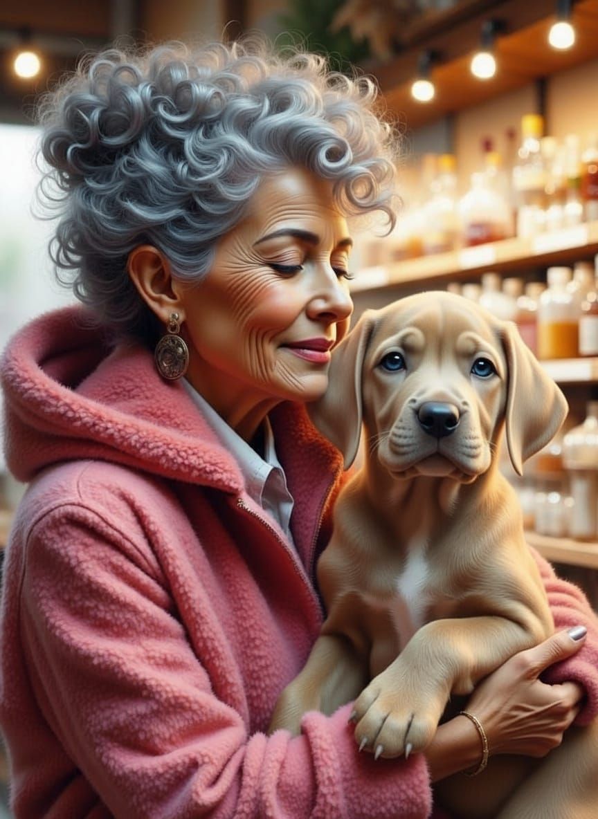 Elderly Woman Cuddles Great Dane Puppy in Pet Shop