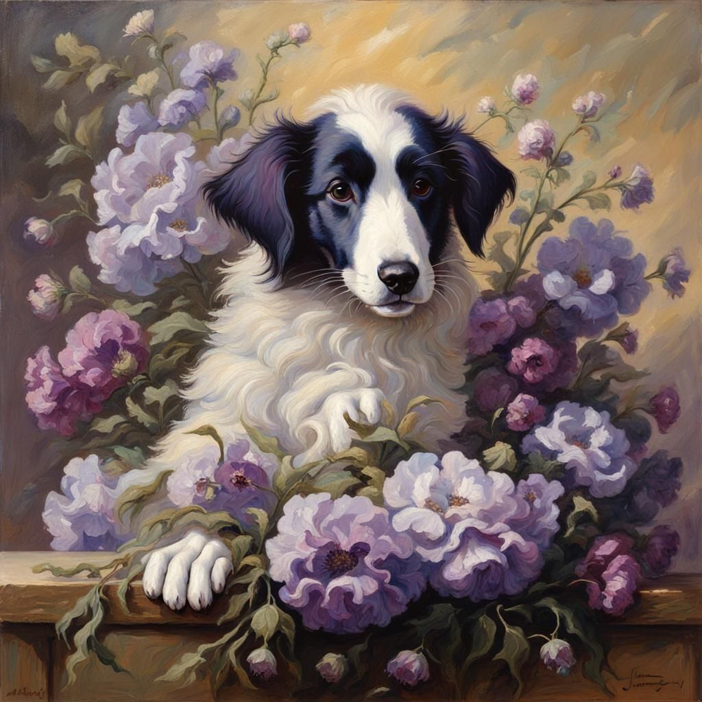 Borzoi Puppy in Flowers: Rococo Oil Painting