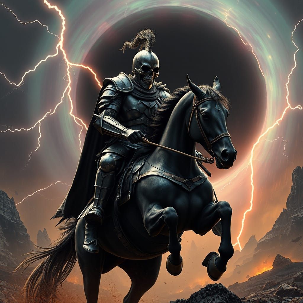 Cyberpunk Skull Knight Charges into Apocalyptic Black Hole