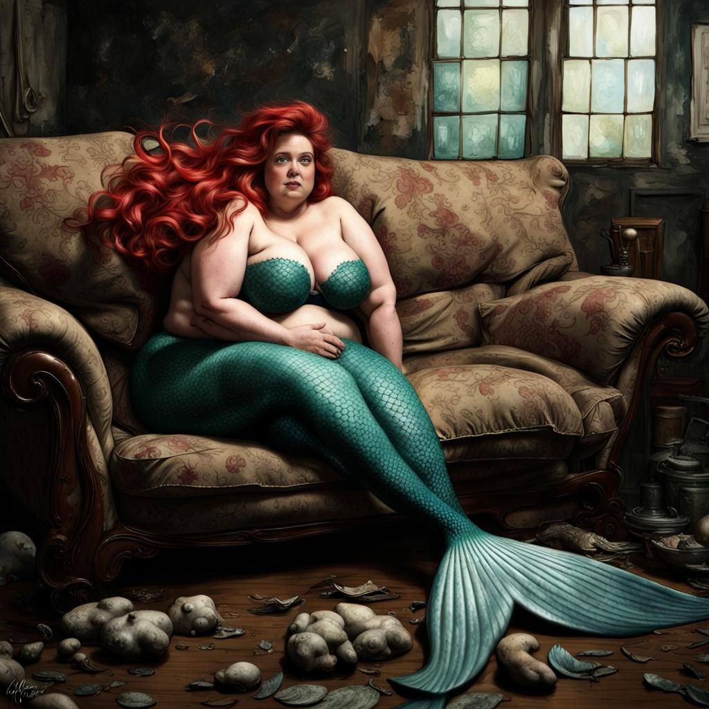 Hyperrealistic Ariel from The Little Mermaid on Sofa