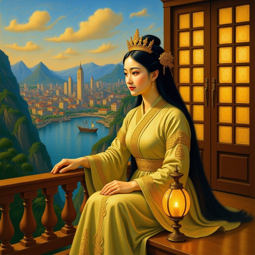 Chinese Goddess Overlooking Cliffside Metropolis as Oil Pain...
