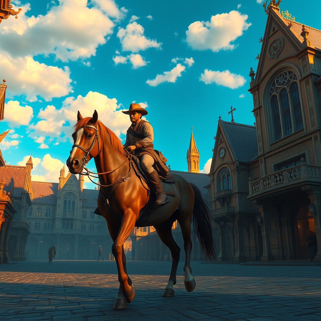 Horseback Rider in Gothic Town Square