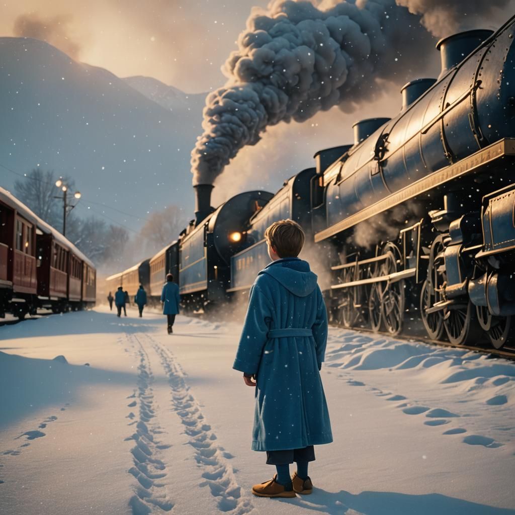 Boy and Polar Express Train in Cinematic Style