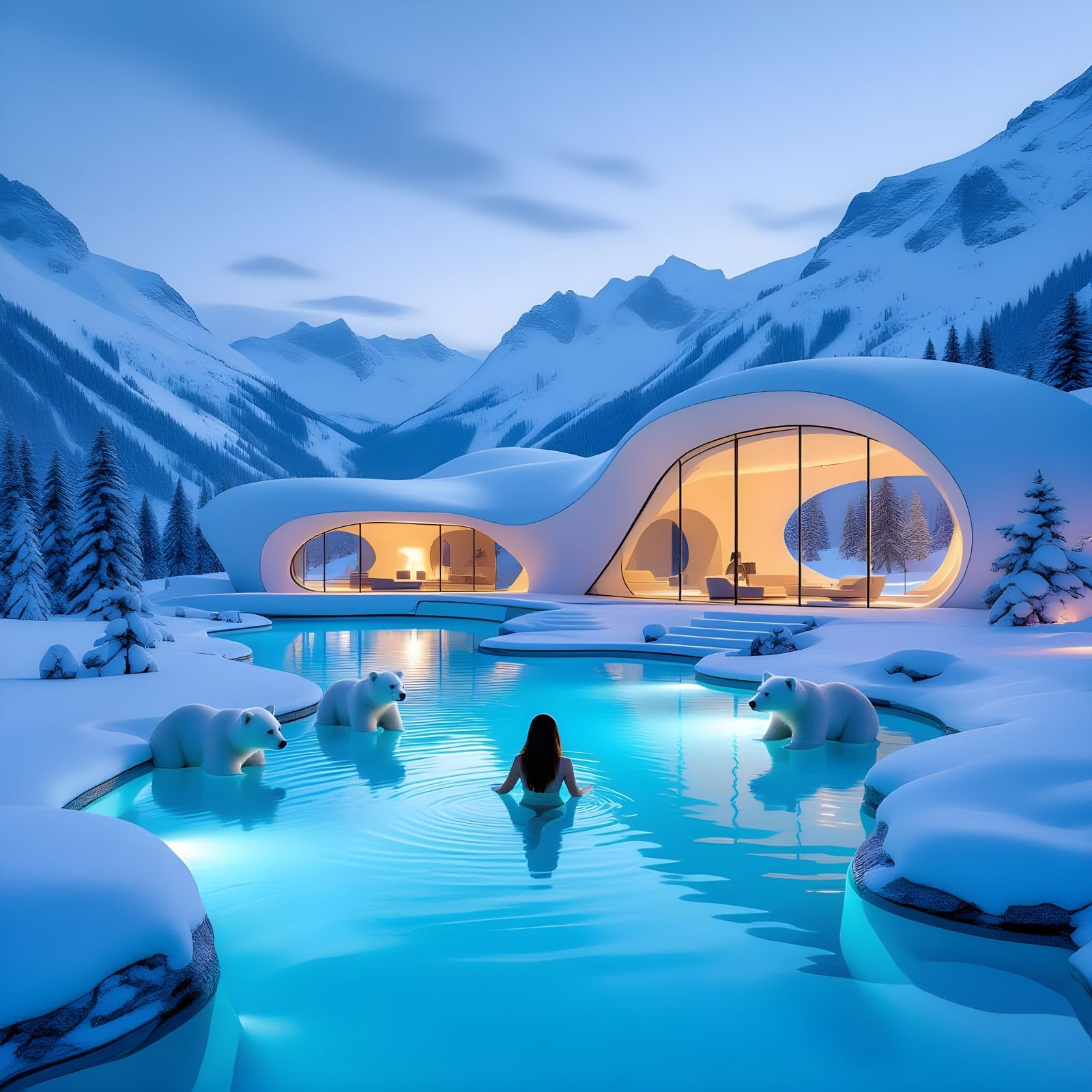 Modern Pool Design in Snowy Mountains with Bears