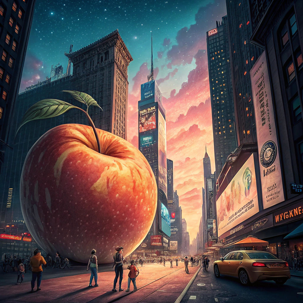 Giant Peach Towers Over Times Square: Surreal Dreamscape