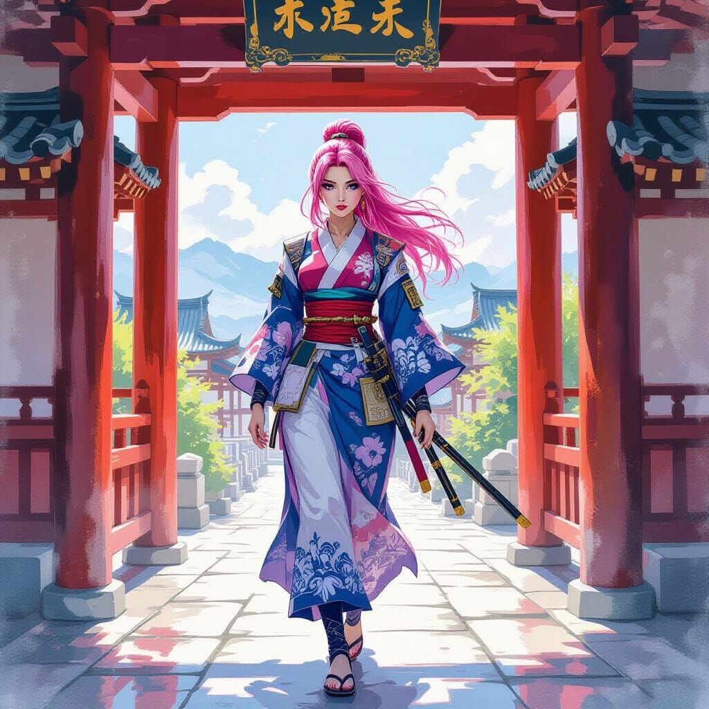 Pink Haired Samurai Enters Pagoda in Gouache Style