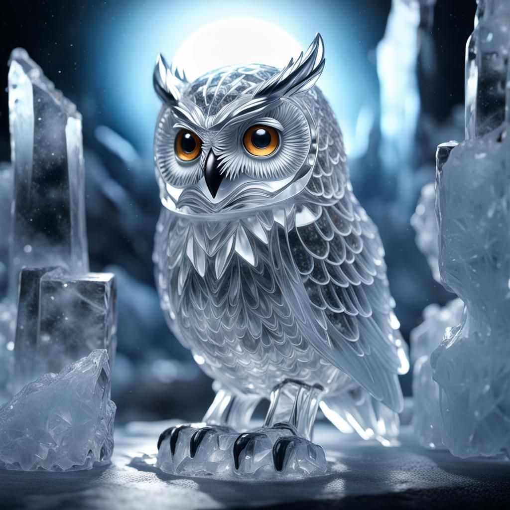 Glistening Ice Owl Sculpture in Sci-Fi Style