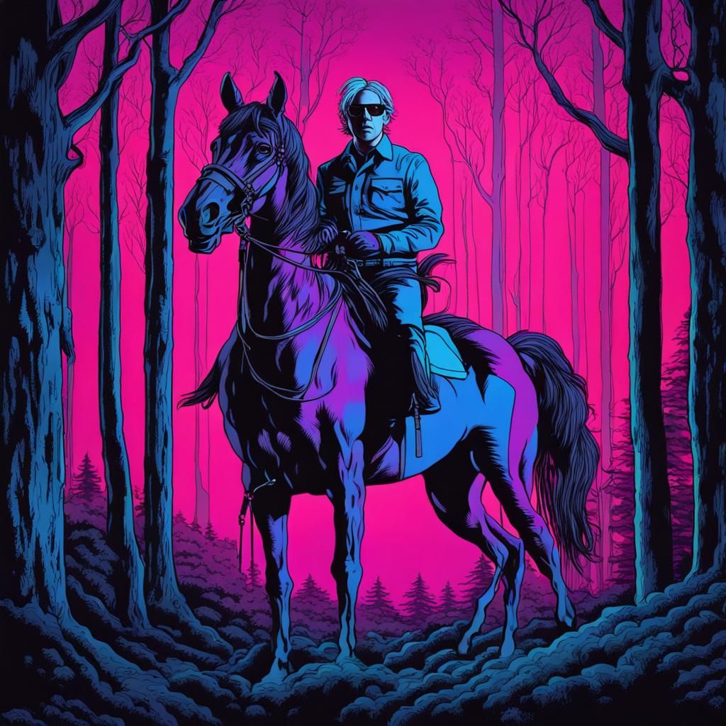 Equestrian Figure in Neon Synthwave Forest
