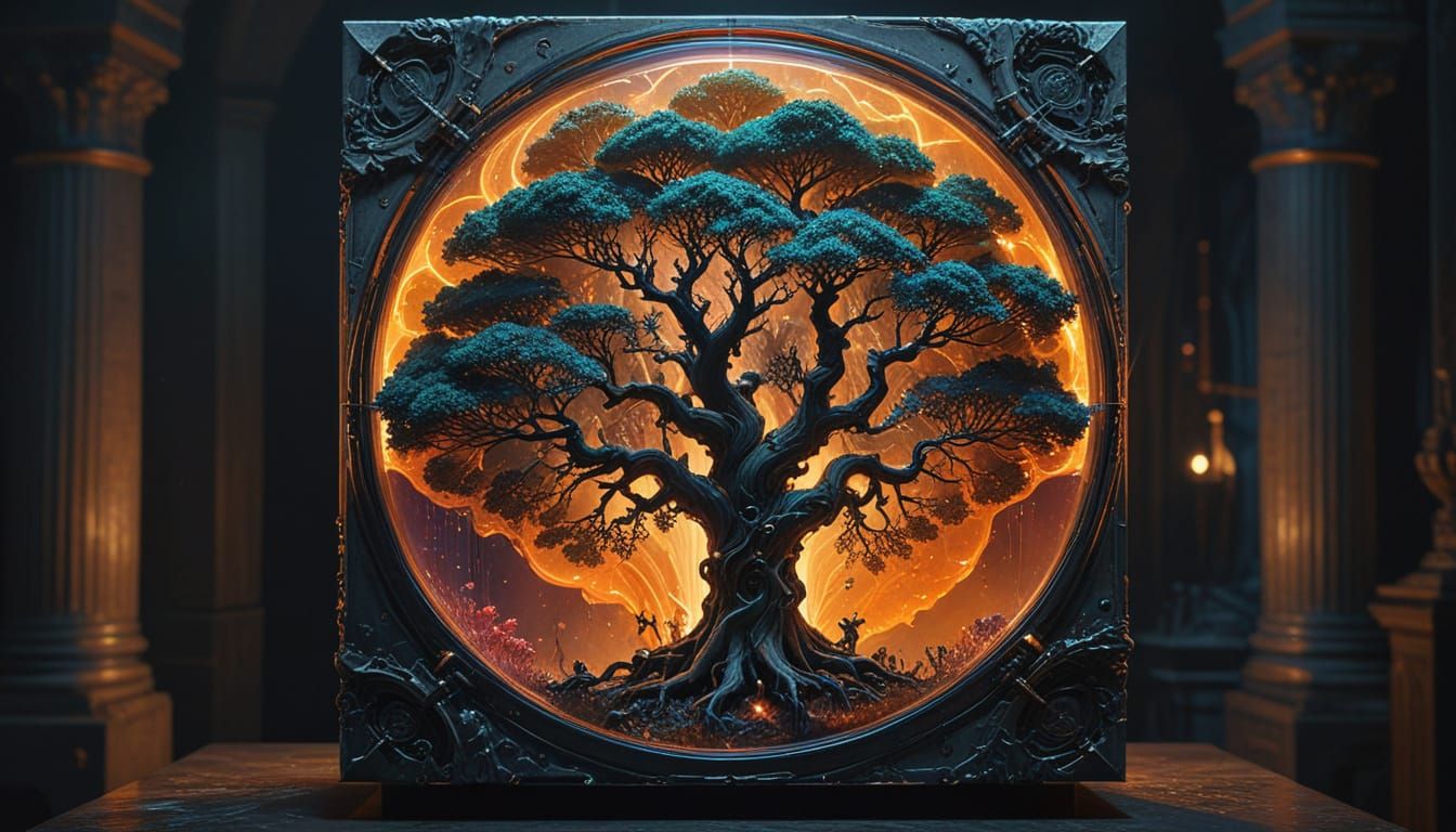 Ethereal Figure Encased in Ancient Tree, Digital Art