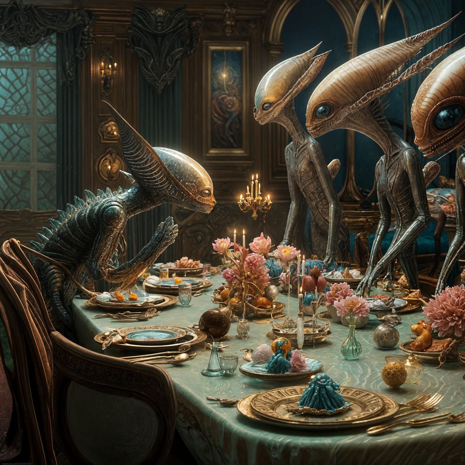 Alien People and Pets in a Surreal Landscape