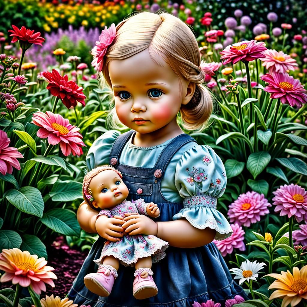 Toddler with Doll in Flower Garden: Hyperrealistic Image